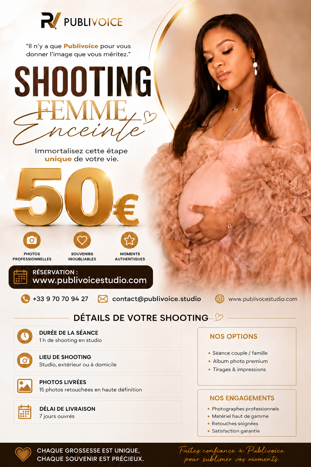 Affiche Shooting femme enceinte Publivoice : 50 euros, 1 heure de séance et 15 photos retouchées